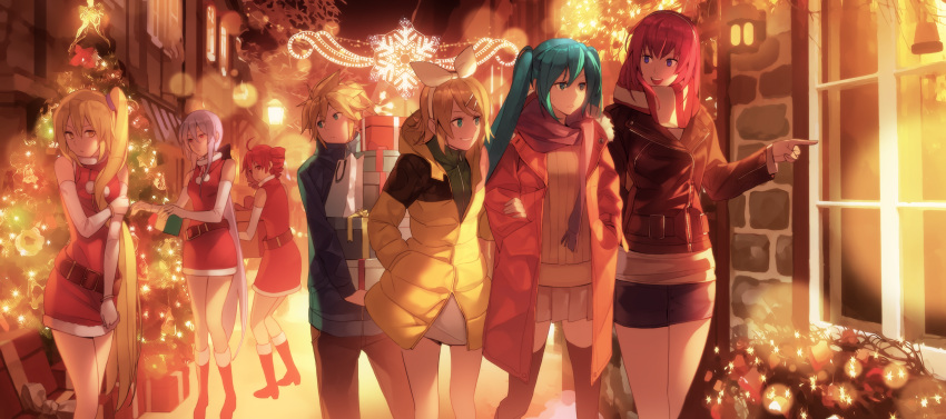 1boy 6+girls absurdres ahoge akita_neru arm_holding belt blonde_hair blue_eyes boots bracelet christmas christmas_tree coat dress dress_tug drill_hair elbow_gloves gift gloves green_eyes green_hair grin hair_ornament hair_ribbon hairclip hand_in_pocket hands_in_pockets hatsune_miku high_heels highres holding_arm jandy jewelry kagamine_len kagamine_rin kasane_teto long_hair megurine_luka multiple_girls night open_mouth pointing red_eyes redhead ribbon santa_costume scarf short_hair side_ponytail skirt smile thigh-highs twin_drills twintails utau very_long_hair vocaloid yellow_eyes yowane_haku