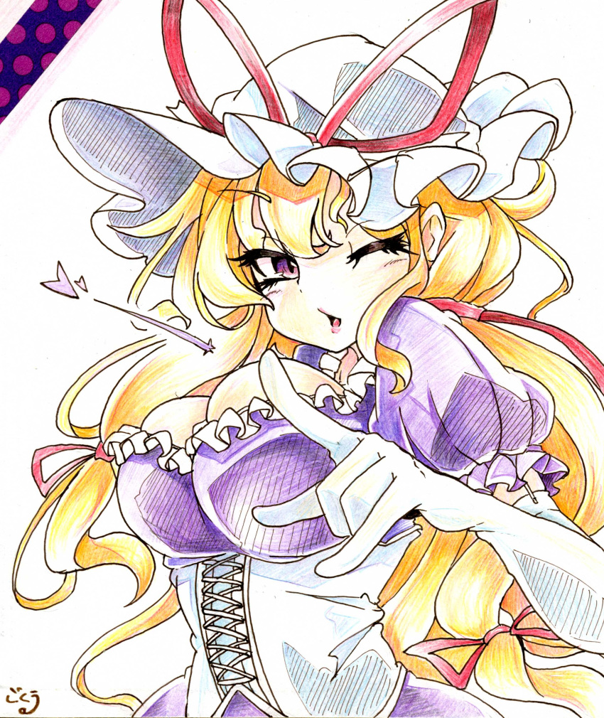 1girl absurdres blonde_hair breasts cleavage colored_pencil_(medium) corset elbow_gloves eyelashes gloves gokuu_(acoloredpencil) hair_ribbon hat heart highres large_breasts long_hair looking_at_viewer one_eye_closed parted_lips ribbon signature simple_background solo touhou traditional_media violet_eyes white_background white_gloves yakumo_yukari
