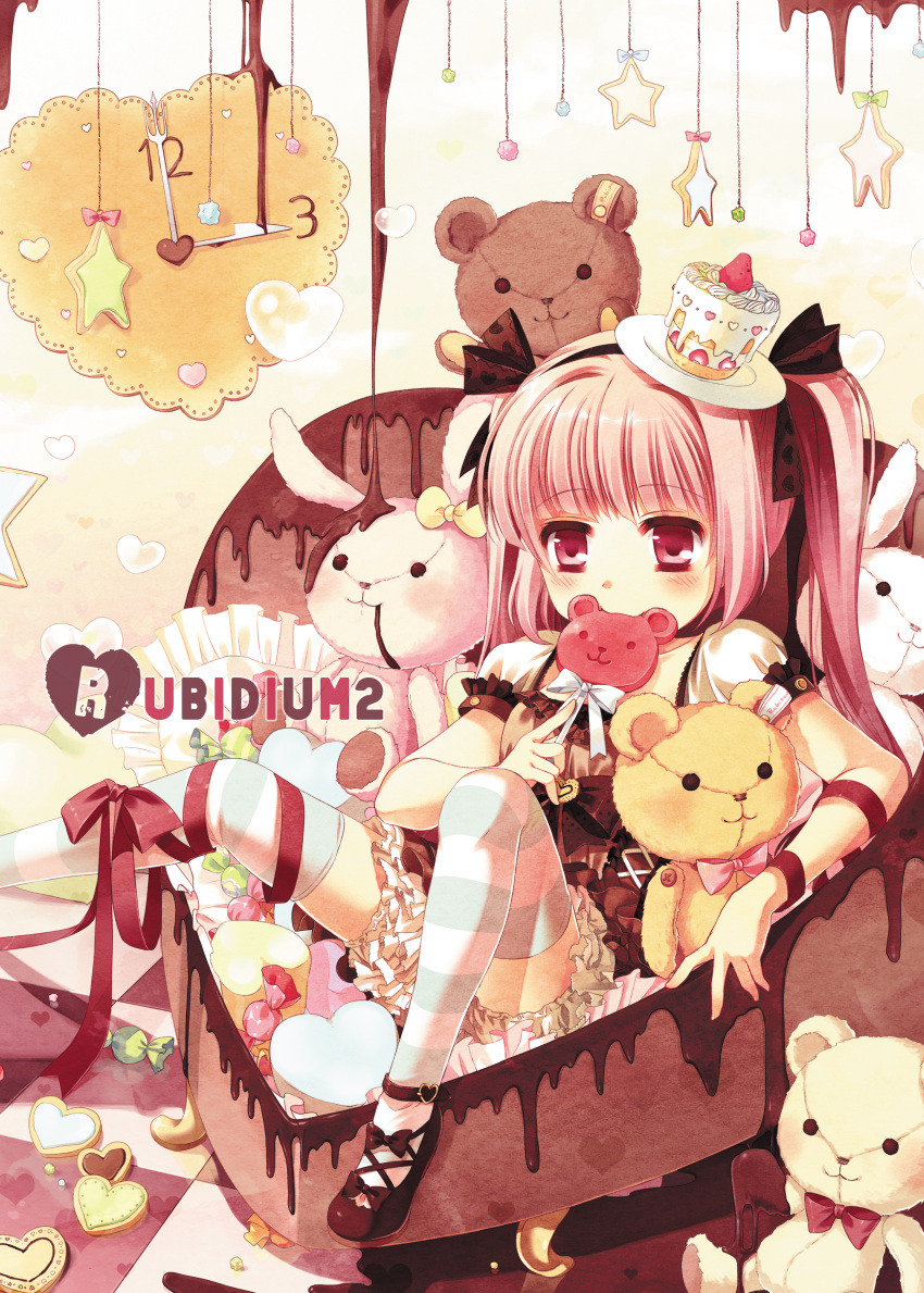 1girl absurdres candy cover cover_page doujin_cover hair_ribbon highres holding lolita_fashion lollipop long_hair looking_at_viewer original pink_eyes pink_hair ribbon rubi-sama sitting solo striped striped_legwear stuffed_animal stuffed_toy teddy_bear thigh-highs twintails