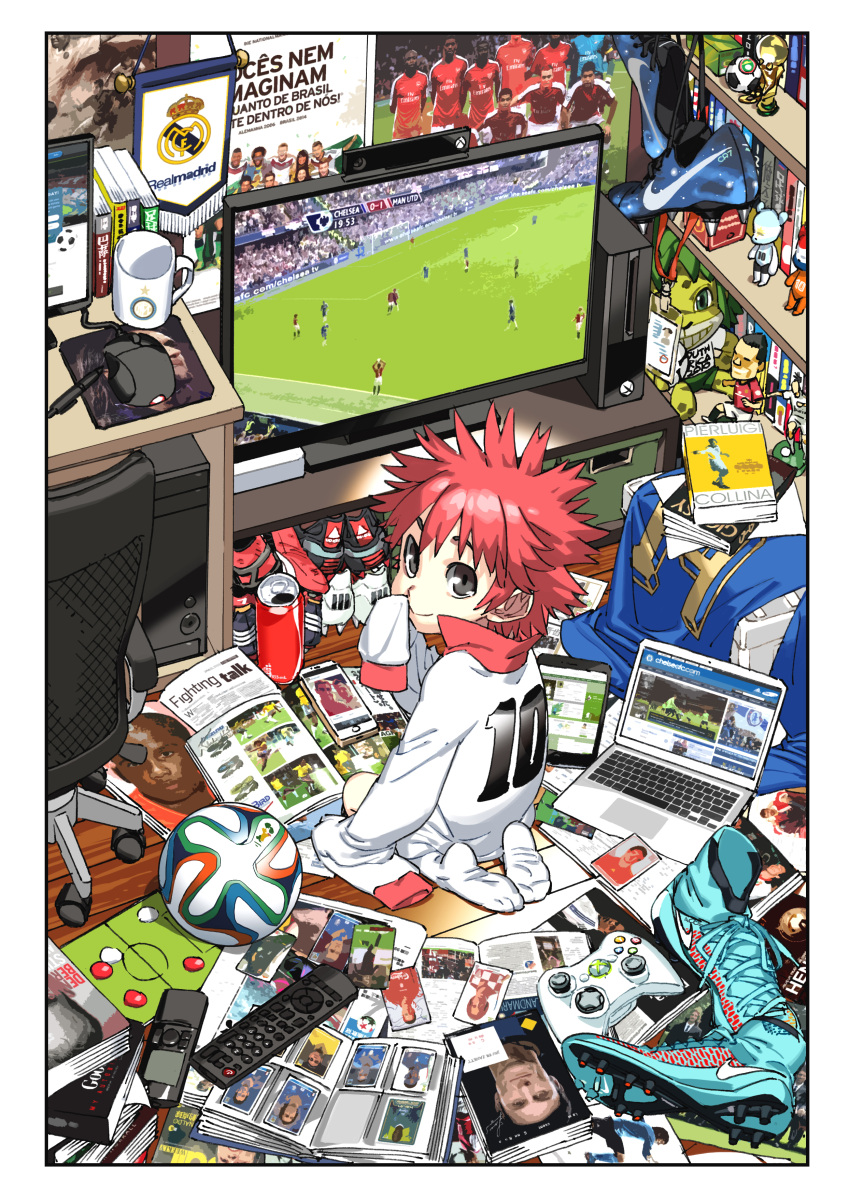 absurdres ball black_eyes book brazuca computer computer_mouse controller cup daibajoujisan from_above game_controller highres lanyard laptop looking_back mousepad_(object) mug original oversized_clothes portuguese poster_(object) redhead remote_control shoes sitting soccer soccer_ball soccer_uniform solo sportswear tagme television xbox
