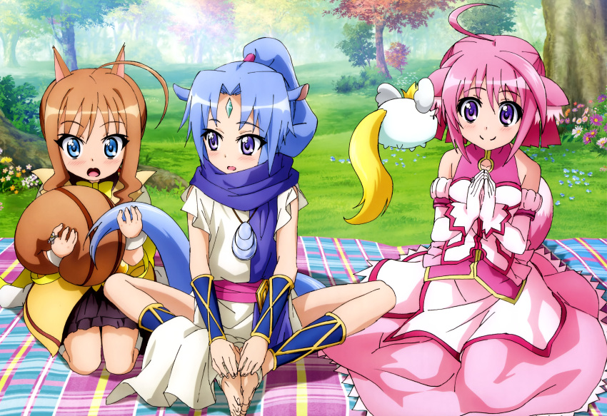 absurdres ahoge animal_ears blue_eyes blue_hair blush brown_hair character_request dog_days feet gloves highres kneeling kuberu_e_pastillage legs millhiore_f_biscotti nyantype official_art open_mouth pink_hair smile socks tail violet_eyes