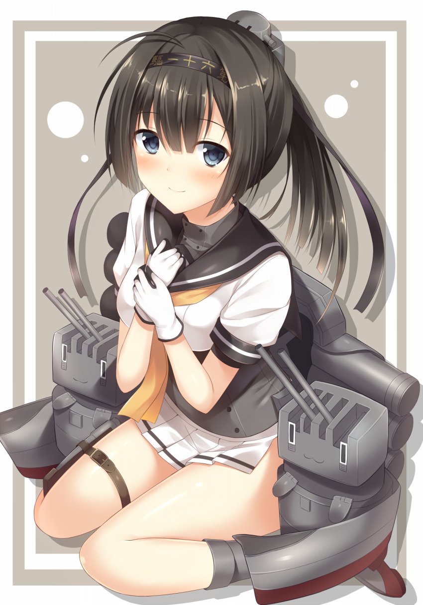 1girl ahoge akizuki_(kantai_collection) black_hair blue_eyes chou-10cm-hou-chan gloves hair_ornament headband highres kantai_collection long_hair looking_at_viewer machinery pleated_skirt ponytail sitting skirt smile solo tomoo_(tomo) turret wariza white_gloves