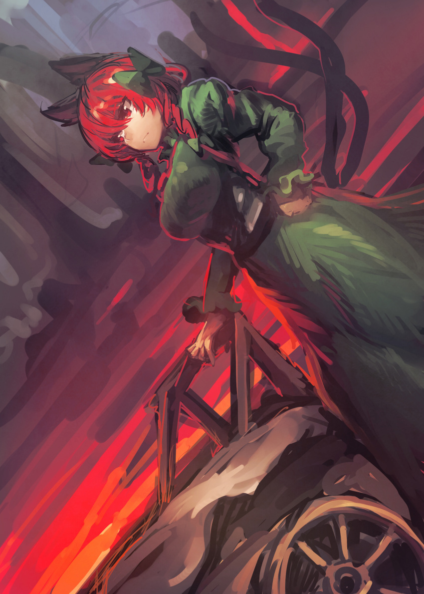 1girl absurdres animal_ears backlighting braid breasts bust cat_ears cat_tail dress dutch_angle green_dress hair_ribbon hand_on_hip highres kaenbyou_rin large_breasts long_sleeves molten_rock multiple_tails puffy_sleeves red_eyes redhead ribbon solo tail temmasa22 touhou twin_braids two_tails wheelbarrow