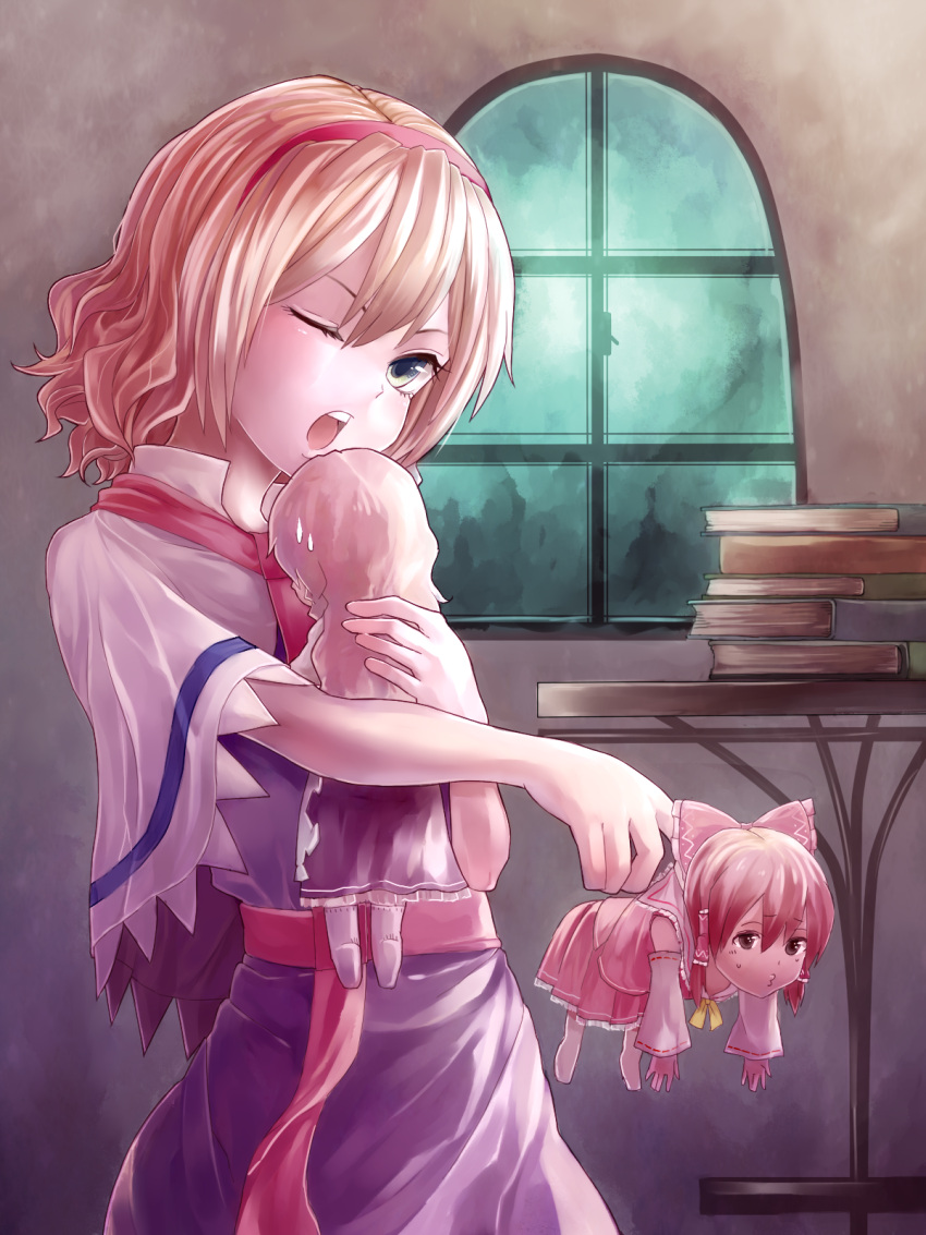 1girl alice_margatroid ascot blonde_hair book_stack bow brown_eyes brown_hair bust capelet character_doll detached_sleeves doll green_eyes hair_bow hair_tubes hakurei_reimu highres holding indoors kirisame_marisa looking_at_viewer one_eye_closed open_mouth short_hair short_sleeves smile solo table tauta_(meshia8787) touhou window