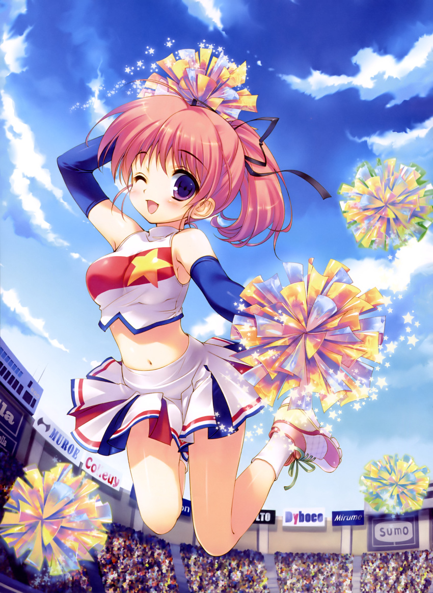 1girl ;d absurdres bow cheerleader copyright_request female hair_bow hair_ribbon highres jumping looking_at_viewer navel one_eye_closed open_mouth pink_hair pleated_skirt ponytail ribbon santa_matsuri skirt smile solo violet_eyes