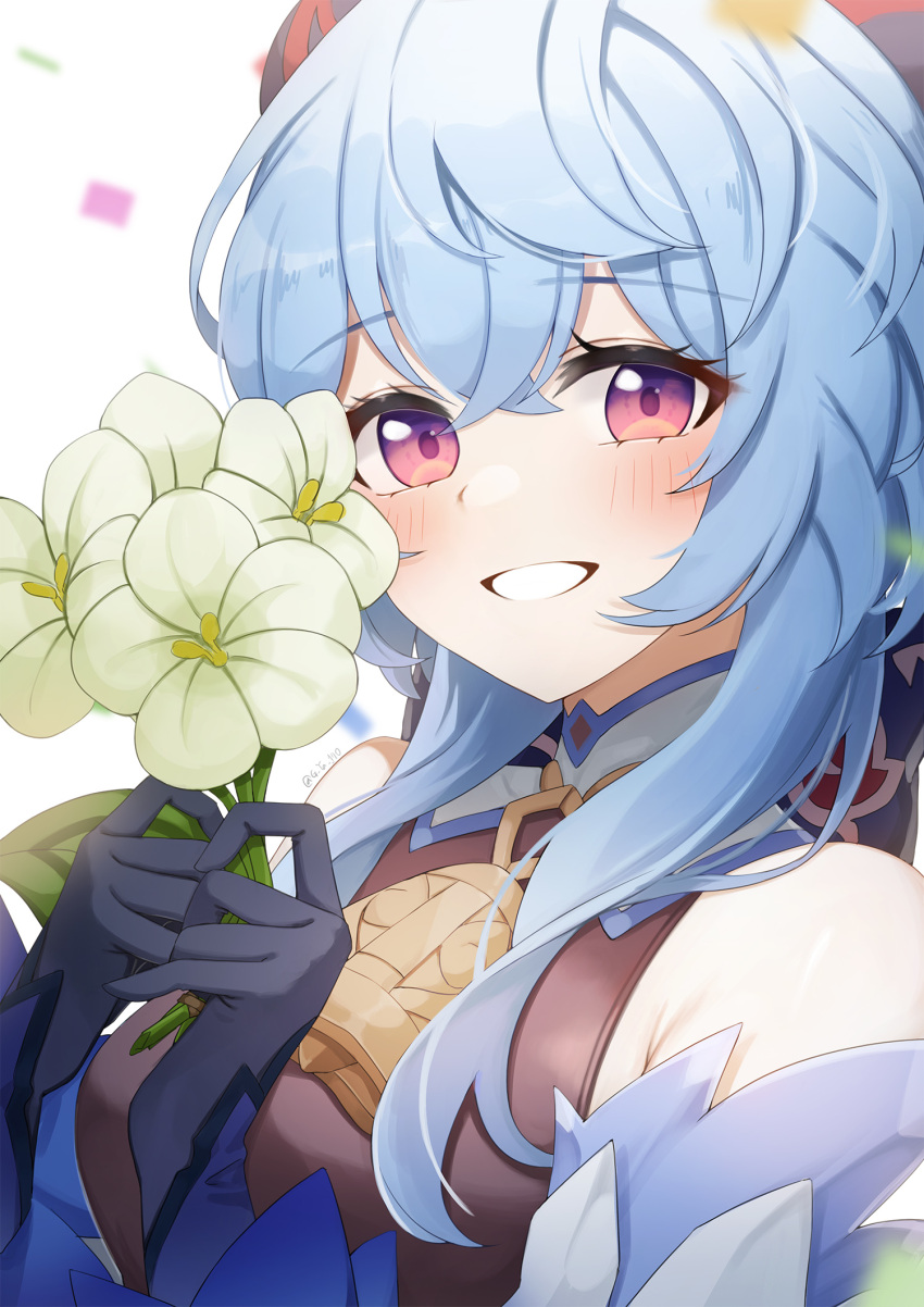 1girl artist_name black_gloves blush confetti eyebrows_visible_through_hair flower ganyu_(genshin_impact) genshin_impact gloves gya_(144) highres holding holding_flower light_blue_hair long_hair looking_at_viewer upper_body