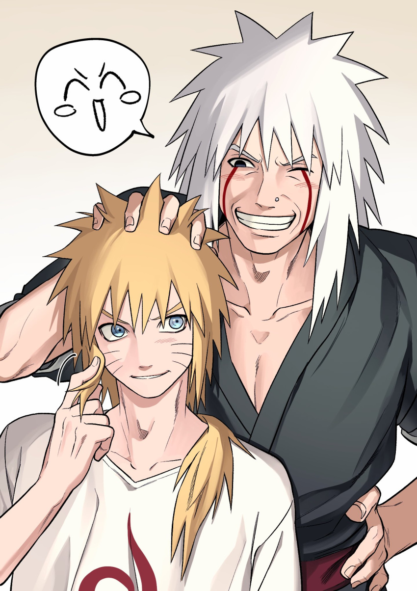 2boys blonde_hair blue_eyes commentary_request facial_mark highres jiraiya_(naruto) korean_commentary long_hair male_focus margherita1827 multiple_boys naruto_(series) naruto_shippuuden smile spiky_hair teacher_and_student uzumaki_naruto white_hair