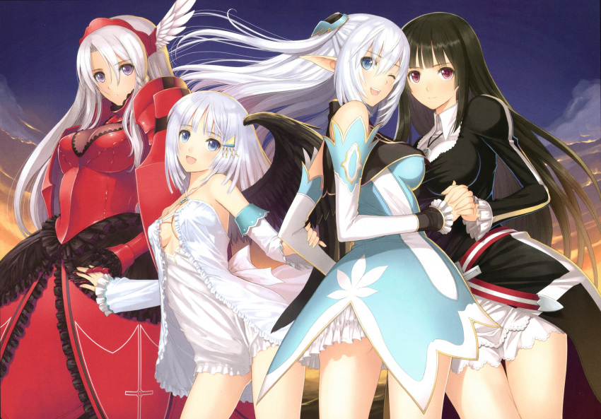 4girls :d ;d absurdres altina_(shining_blade) black_hair black_wings blue_eyes breasts cleavage detached_sleeves grey_eyes headgear highres holding_hands kilmaria_aideen long_hair looking_at_viewer multiple_girls official_art one_eye_closed open_mouth panis_angelicus roselinde_(shining_blade) shining_(series) shining_world silver_hair smile taka_tony tanaka_takayuki violet_eyes white_hair wings