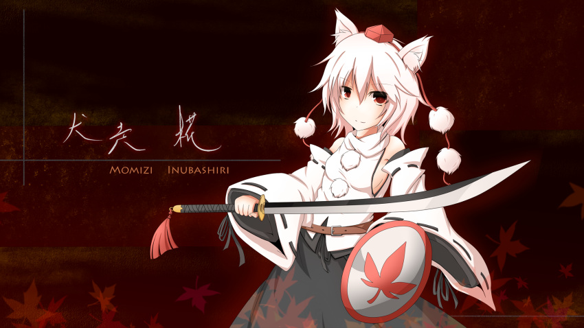 1girl animal_ears autumn_leaves bare_shoulders breasts character_name detached_sleeves hat highres inubashiri_momiji kamiya_suzume leaf looking_at_viewer no_bra pom_pom_(clothes) red_eyes ribbon-trimmed_sleeves ribbon_trim shield short_hair sideboob silver_hair solo sword tokin_hat touhou weapon wolf_ears