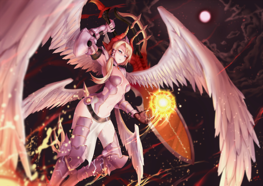 1girl armor asymmetrical_hair bikini_armor blonde_hair blue_eyes breasts cleavage clouds dragon_girl dragon_horns feathered_wings flying full_moon gauntlets gloves hair_tubes holding holding_sword holding_weapon huge_weapon long_hair minerva_(p&amp;d) moon multiple_wings navel parted_lips pauldrons puzzle_&amp;_dragons single_glove sky solo sword thigh-highs wada_masanori weapon white_wings wings