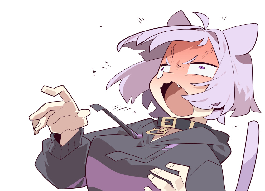 1girl absurdres animal_ears black_hoodie breasts cat_ears cat_girl cat_tail cocomayo29_(tomato) fang highres hololive hood hood_down hoodie large_breasts nekomata_okayu nekomata_okayu_(1st_costume) open_mouth purple_hair simple_background surprised tail veins violet_eyes virtual_youtuber white_background