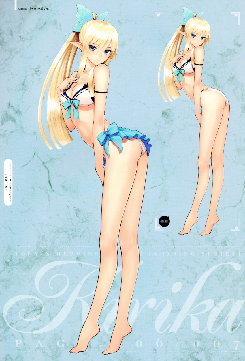 1girl absurdres arched_back armband ass back bangs bare_shoulders barefoot bikini blonde_hair blue_eyes blush bow breasts butterfly_hair_ornament cleavage dimples_of_venus earrings elf flat_color frills front-tie_bikini front-tie_top gradient hair_ornament hand_on_own_chest high_ponytail highres jewelry kirika_towa_alma kneepits leaning_forward legs long_hair long_legs long_pointy_ears looking_at_viewer navel official_art parted_lips payot pointy_ears ponytail ribbon ribbon-trimmed_bikini ribbon_trim sarong shining_(series) shining_resonance simple_background sketch solo string_bikini swimsuit taka_tony tanaka_takayuki tiptoes under_boob white_background white_bikini white_swimsuit