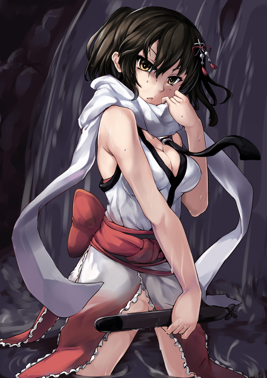 1girl absurdres black_hair breasts brown_hair cleavage hair_ornament highres kantai_collection looking_at_viewer lu_hao_liang scarf sendai_(kantai_collection) short_hair solo torpedo two_side_up wading water waterfall wet