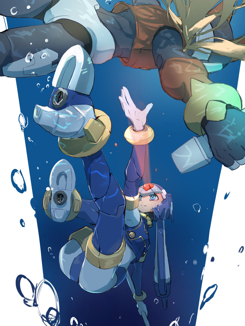 1boy 1girl absurdres air_bubble armor battle_damage blue_armor blue_background blue_eyes blue_helmet bubble fairy_leviathan_(mega_man) helmet highres holding holding_polearm holding_weapon light_trail mega_man_(series) mega_man_zero_(series) omochi_(mochi_skymega) polearm red_armor red_helmet solo_focus spear underwater weapon zero(z)_(mega_man) zero_(mega_man)