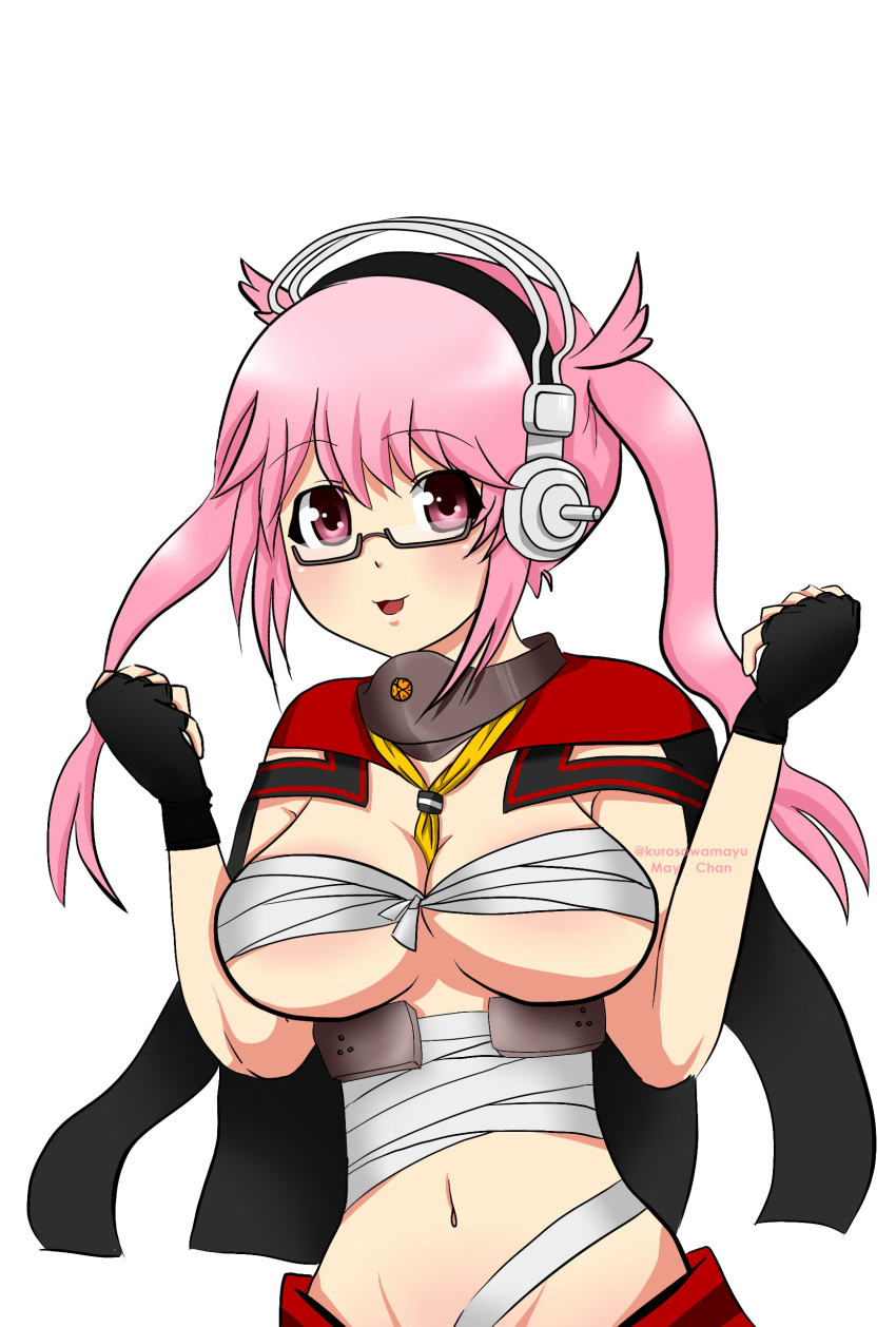 1girl absurdres blush breasts budget_sarashi cosplay fingerless_gloves glasses gloves headgear headphones highres kantai_collection large_breasts long_hair looking_at_viewer musashi_(kantai_collection) musashi_(kantai_collection)_(cosplay) navel nitroplus open_mouth pink_eyes pink_hair red_eyes sarashi short_twintails skirt smile solo super_sonico twintails