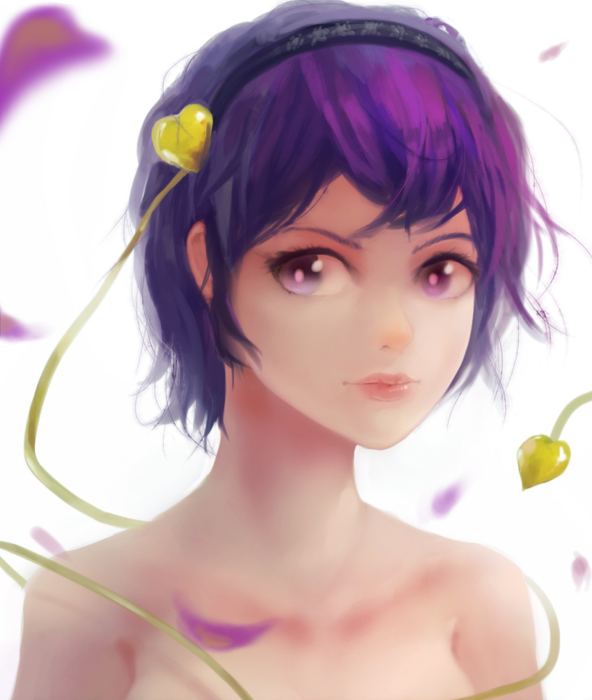 1girl bust collarbone ctt_(jeansctt7) ears headband heart highres komeiji_satori lips nose nude purple_hair realistic short_hair simple_background solo tagme topless touhou violet_eyes white_background