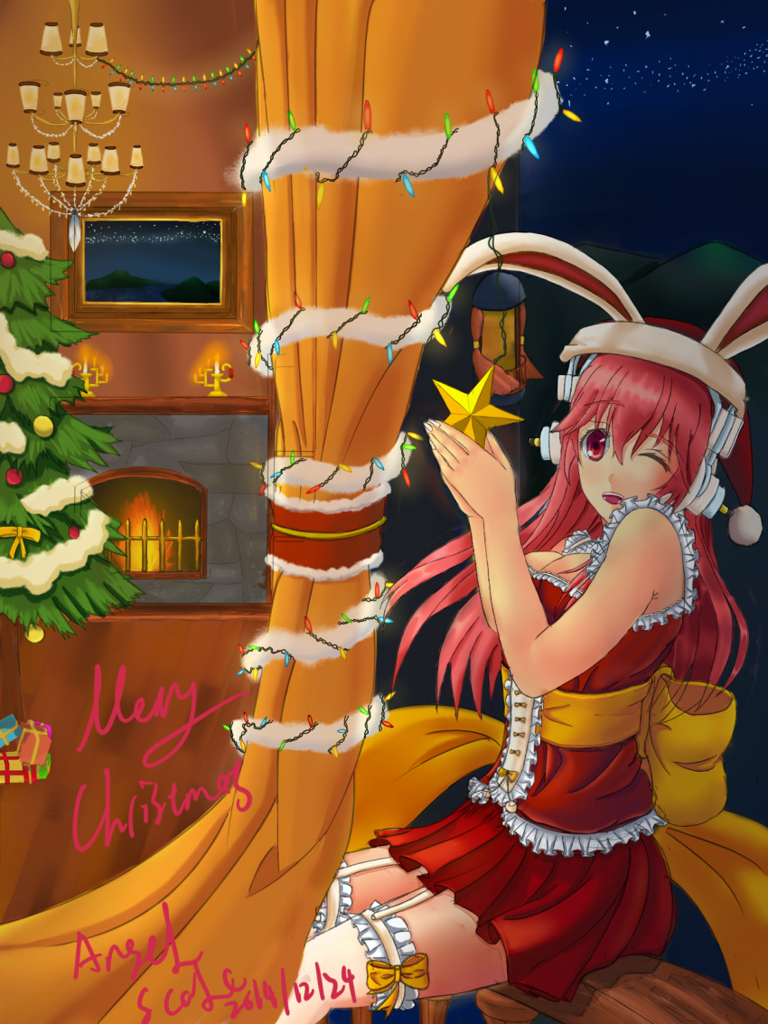 1girl animal_ears breasts christmas christmas_lights christmas_tree cleavage hat headphones highres large_breasts long_hair looking_at_viewer nitroplus one_eye_closed open_mouth pink_hair rabbit_ears red_eyes santa_hat smile solo star super_sonico thigh-highs