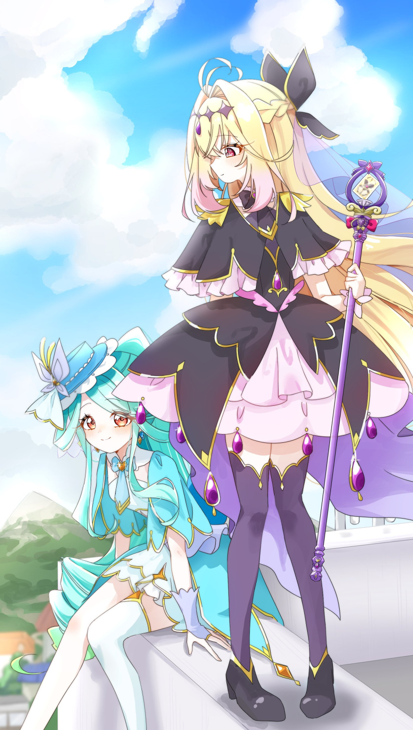 2girls absurdres ahoge antenna_hair black_capelet black_dress black_ribbon black_shoes blonde_hair blue_capelet blue_dress blue_hair blue_ribbon blue_sky blush butterfly_hair_ornament capelet card clouds cloudy_sky collar cure_arcana_shadow cure_eclair dress drill_hair full_body gem gloves hair_ornament hair_ribbon hat highres holding holding_wand long_hair looking_at_another magical_girl meitantei_precure! moria_luluka mountainous_horizon multicolored_hair multiple_girls neck_ribbon on_rooftop orange_hair pantyhose pink_hair ponytail precure purple_gem purple_pantyhose purple_veil red_eyes ribbon rooftop shoes single_leg_pantyhose sitting skirt sky smile sosii_79 twin_drills two-tone_hair veil wand white_collar white_gloves white_wrist_cuffs wrist_cuffs