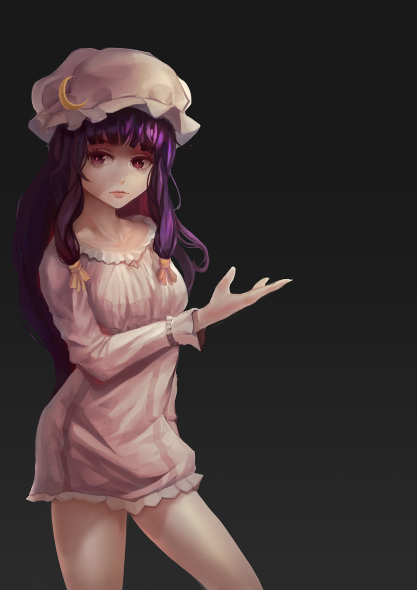 1girl adapted_costume bangs blunt_bangs chemise collarbone crescent_hair_ornament crescent_moon ctt_(jeansctt7) dress hair_ornament hat highres long_hair long_sleeves looking_at_viewer moon nightgown patchouli_knowledge payot purple_hair realistic short_dress solo thighs touhou very_long_hair violet_eyes