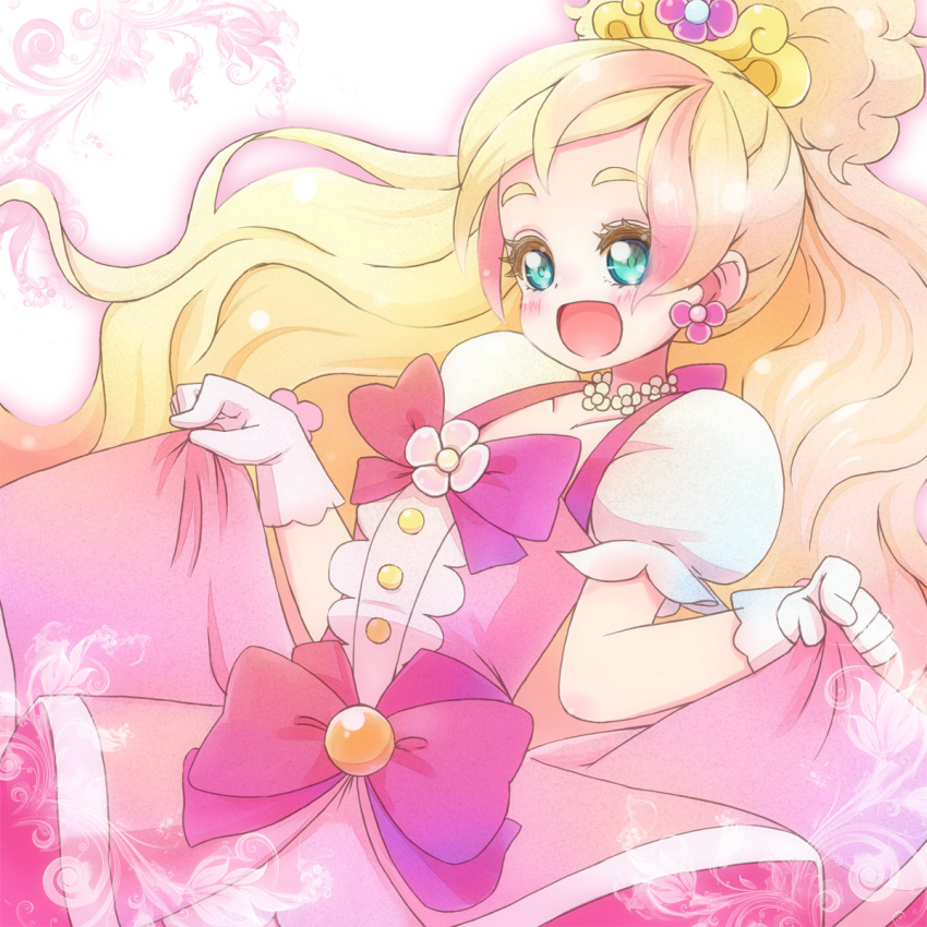 1girl :d aqua_eyes blonde_hair blush bow choker cure_flora dress earrings gloves go!_princess_precure haruno_haruka highres jewelry long_hair magical_girl multicolored_hair open_mouth pink_dress pink_hair precure puffy_sleeves shijimi_(michikusa_honpo) smile solo streaked_hair two-tone_hair