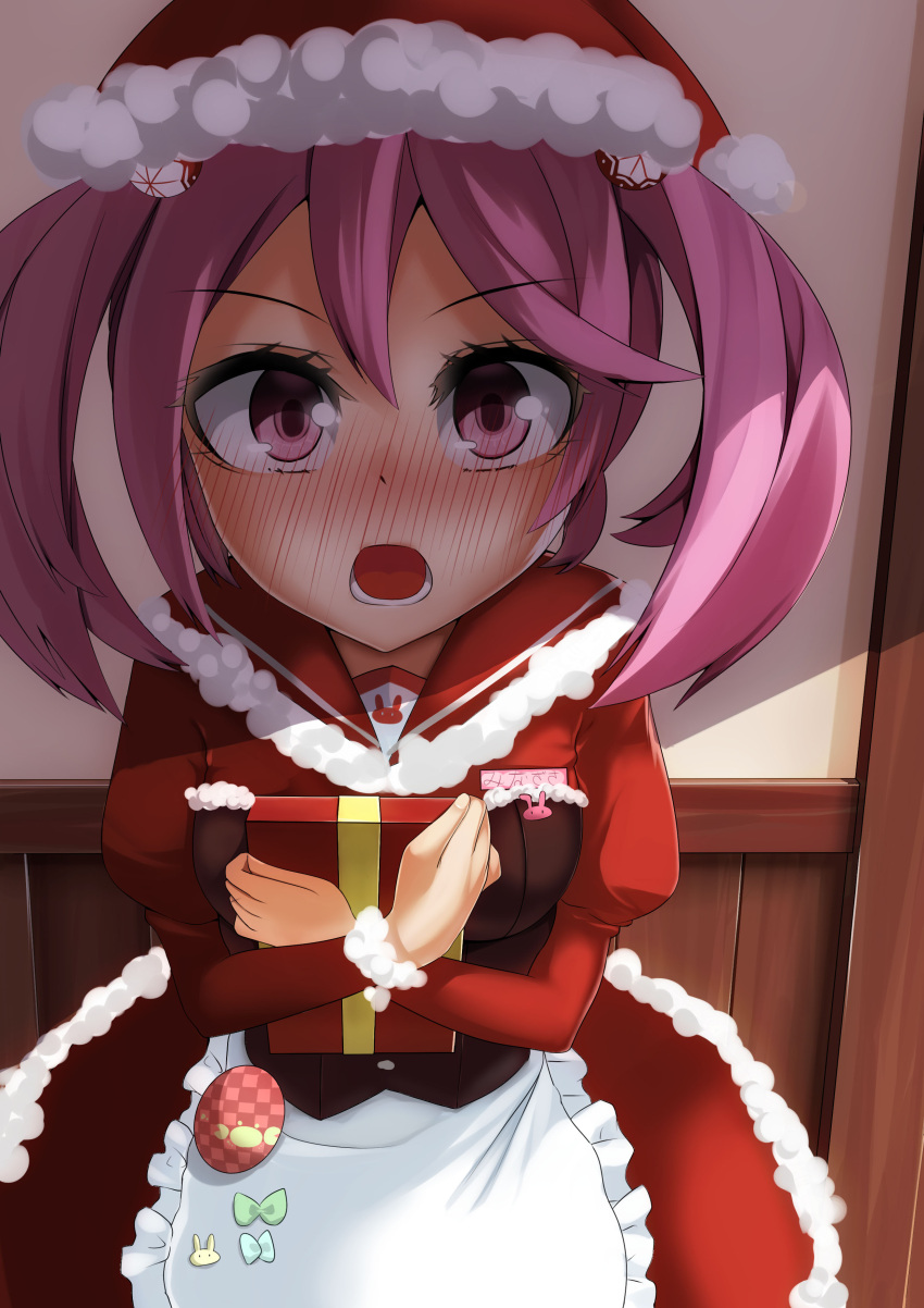 1girl absurdres apron blush box christmas dress foreshortening full-face_blush fur_trim gift gift_box hair_bobbles hair_ornament hat highres kantai_collection long_sleeves looking_at_viewer luonawei maid maid_apron open_mouth pink_eyes pink_hair puffy_long_sleeves puffy_sleeves red_dress santa_costume santa_hat sazanami_(kantai_collection) twintails