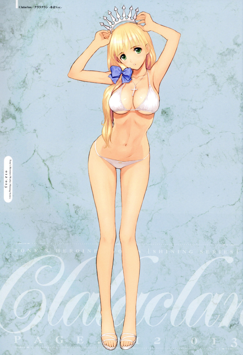 1girl absurdres adjusting_hat adjusting_headwear armpits arms_up bare_arms bare_legs bikini blonde_hair blue_bow bow breasts character_name clalaclan_philias cleavage cross cross_necklace crown female full_body green_eyes hair_bow highres large_breasts leaning_forward legs long_hair long_legs midriff navel official_art sandals scan shining_(series) shining_wind solo standing swimsuit taka_tony tanaka_takayuki toeless_footwear underboob white_bikini white_footwear white_swimsuit