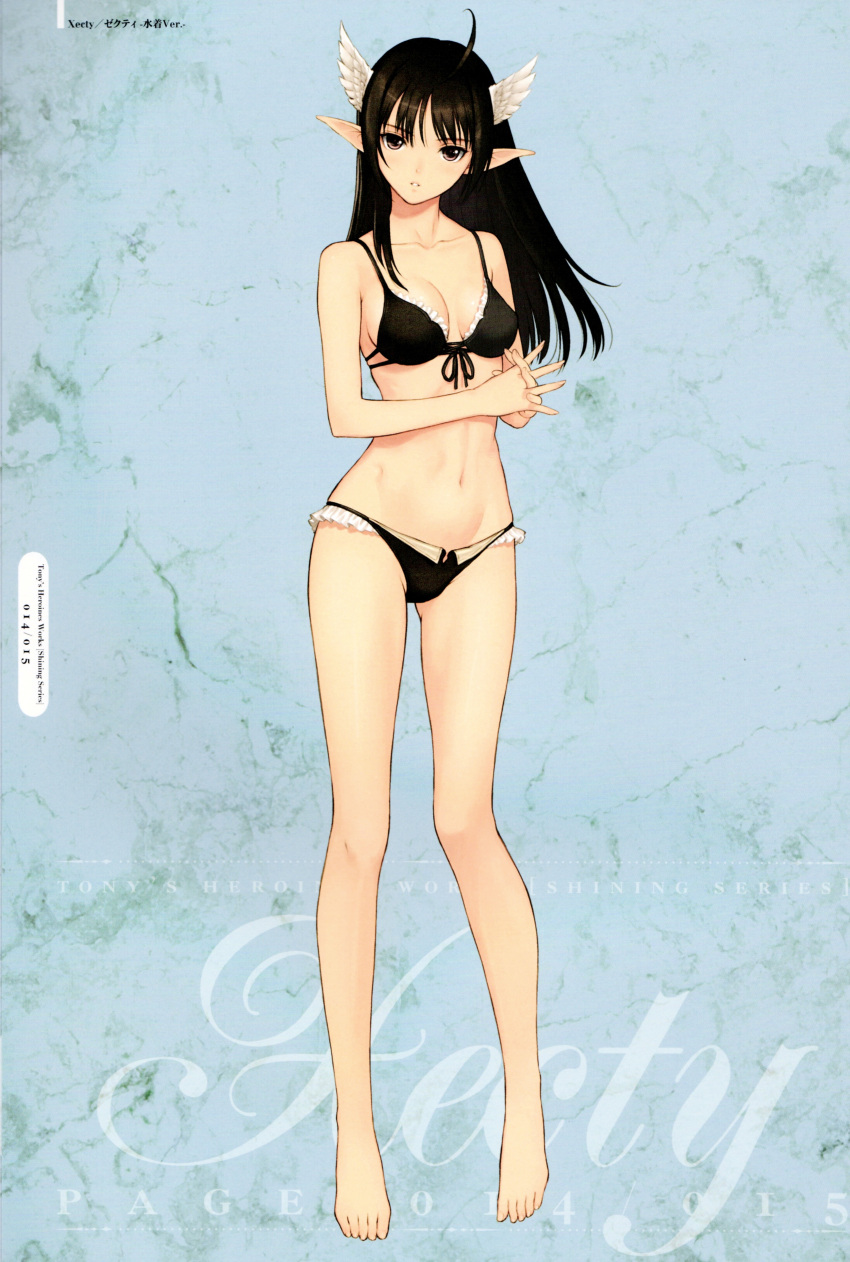 1girl absurdres ahoge bare_arms bare_legs barefoot bikini black_bikini black_hair breasts character_name cleavage collarbone female front-tie_bikini front-tie_top full_body hands_clasped hands_together head_wings highres legs long_legs lowleg lowleg_bikini midriff navel official_art parted_lips pink_eyes pointy_ears scan shining_(series) shining_wind solo standing swimsuit taka_tony tanaka_takayuki xecty_ein