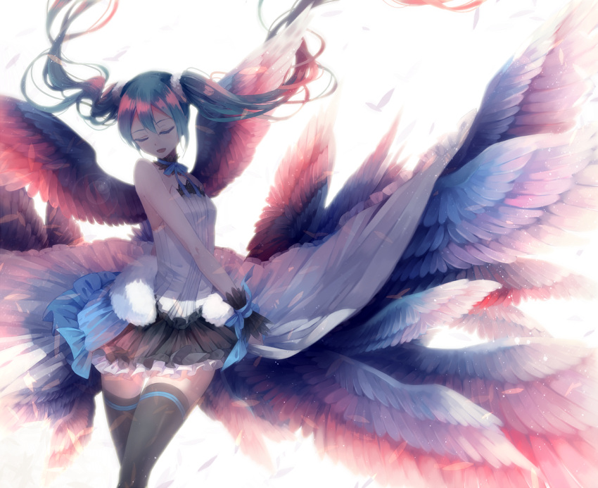 1girl 7th_dragon 7th_dragon_2020 closed_eyes floating_hair hatsune_miku long_hair lyodi open_mouth skirt solo thigh-highs twintails vocaloid wings