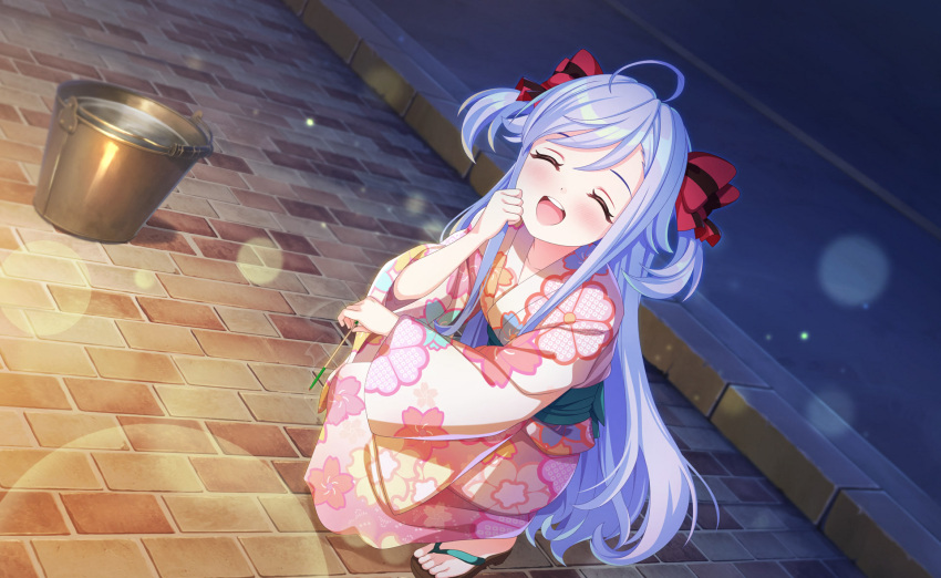 1girl :d ^_^ ahoge black_border blue_hair blush border bow brick_floor brick_wall bucket closed_eyes commentary_request fireworks floral_print full_body full_moon game_asset hair_bow hair_rings hand_up highres holding japanese_clothes kimono letterboxed long_hair long_sleeves moon night niizuma_yae non-web_source obi official_art open_mouth outdoors pavement pink_kimono print_kimono red_bow red_kimono sandals sash self-datamine sidelocks smile solo sparkler squatting standing stone_floor teeth tile_floor tiles very_long_hair water wide_sleeves world_dai_star yukata zouri