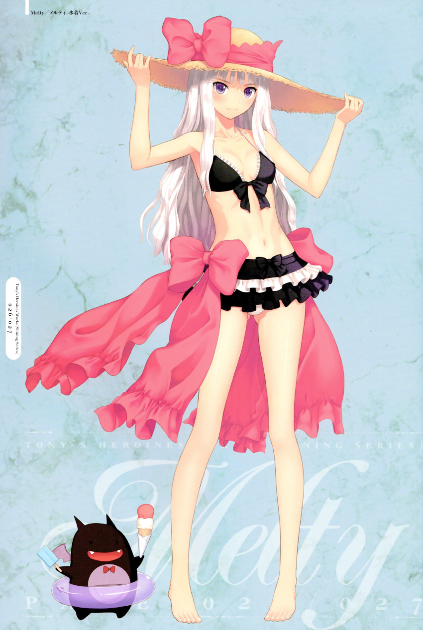 1girl absurdres bare_legs bare_shoulders barefoot bikini bikini_skirt blue_eyes breasts cleavage collarbone front-tie_top full_body hands_on_headwear hat highres ice_cream_cone innertube light_smile long_hair looking_at_viewer melty_(shining_hearts) navel popsicle scan shining_(series) shining_hearts silver_hair small_breasts smile solo sorbe_(shining_hearts) straw_hat sun_hat swimsuit taka_tony tanaka_takayuki violet_eyes