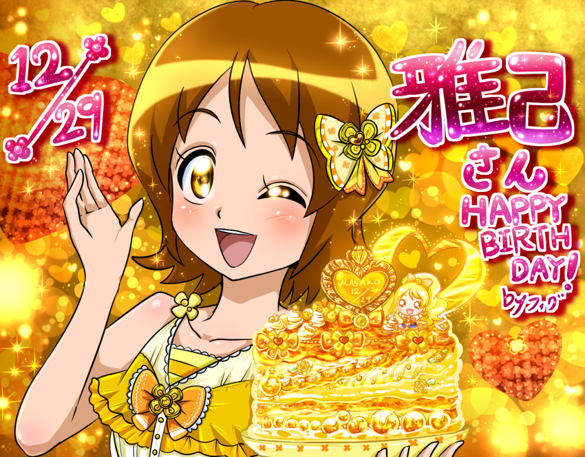 1girl ;d bare_shoulders blonde_hair blush bow brown_hair cake cure_honey fighiro food hair_bow happinesscharge_precure! happy_birthday highres long_hair one_eye_closed oomori_yuuko open_mouth ponytail precure short_hair sleeveless smile solo yellow_eyes