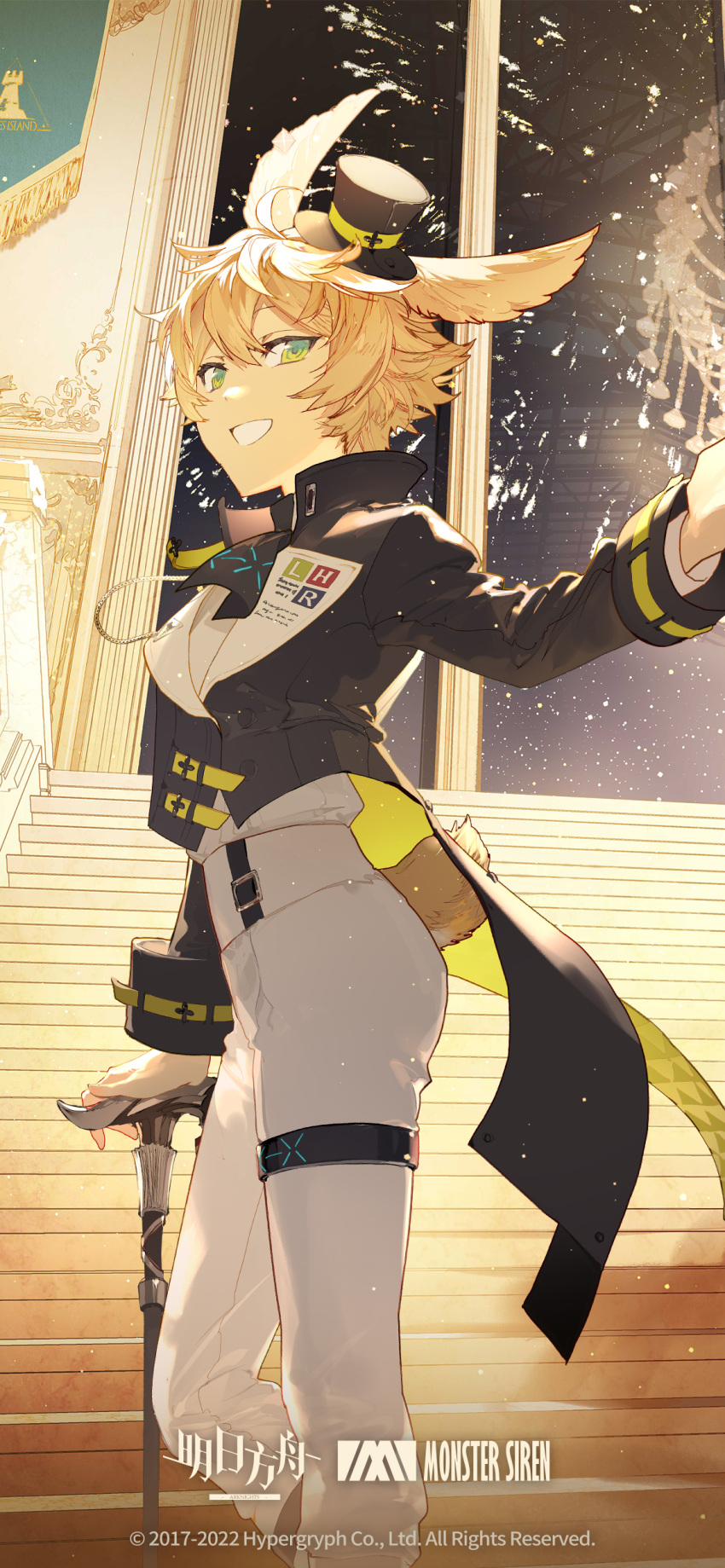 1boy absurdres ambience_synesthesia animal_ears arknights bishounen black_jacket blonde_hair cane copyright_logo feet_out_of_frame green_eyes hair_between_eyes hat highres holding holding_cane infection_monitor_(arknights) jacket leonhardt_(ambience_synesthesia_2022)_(arknights) leonhardt_(arknights) logo long_sleeves looking_at_viewer lop_rabbit_ears male_focus mini_hat mini_top_hat official_art official_wallpaper pants rabbit_boy rabbit_ears rabbit_tail rella second-party_source short_hair smile solo standing tail top_hat white_pants