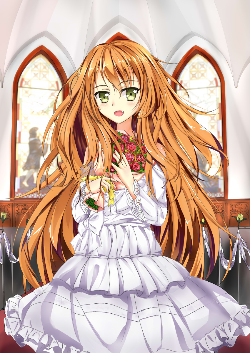 1girl :d absurdres blush bouquet church dress fang flower frilled_dress frills golden_time green_eyes highres kaga_kouko kin_toki long_hair looking_at_viewer open_mouth orange_hair smile solo stained_glass very_long_hair white_dress