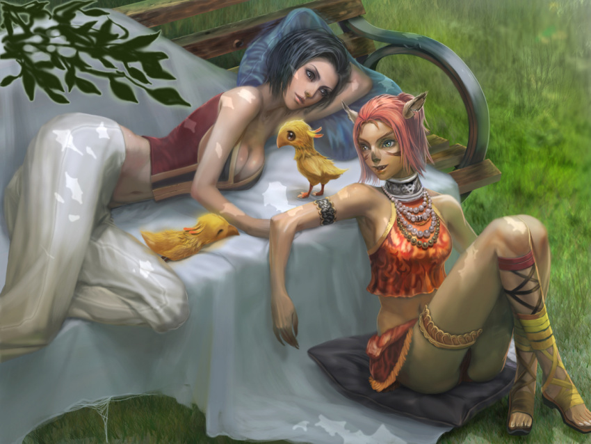 2girls animal_ears armband bare_shoulders bench black_hair breasts chicobo chocobo cleavage collarbone commentary final_fantasy final_fantasy_xi garters hume jewelry lying midriff mithra navel necklace numi pillow redhead short_hair sitting