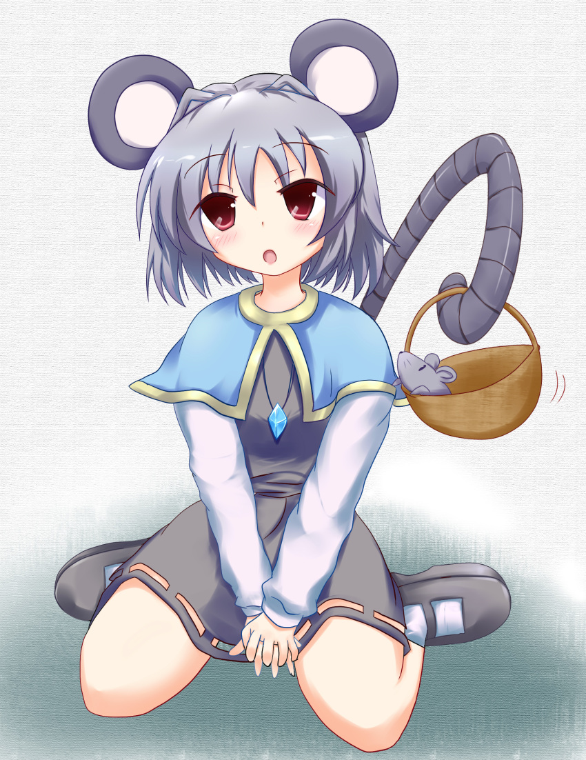 basket grey_hair highres hiiragi_mitsuna jewelry mouse mouse_ears mouse_tail nazrin pendant prehensile_tail red_eyes short_hair tail touhou