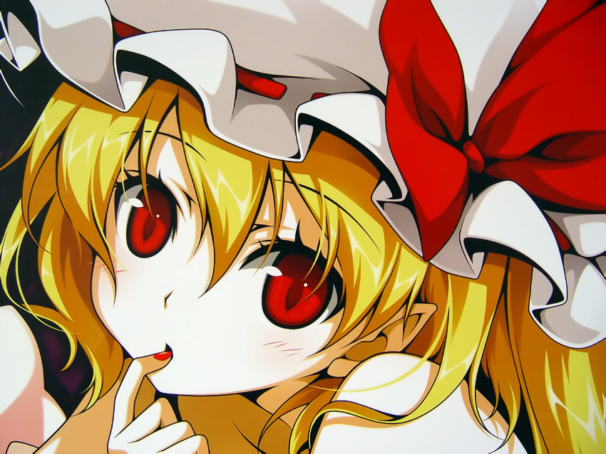 blonde_hair close-up face finger_to_mouth flandre_scarlet hat nail_polish red_eyes reina_(black_spider) shiro_spider solo touhou wallpaper