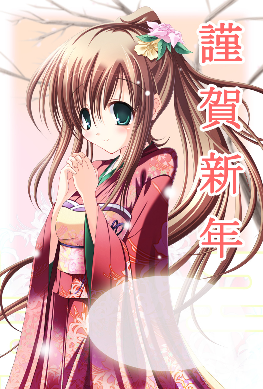 2009 brown_hair flower green_eyes hair_ornament hands_clasped highres japanese_clothes kimono mac-kine ponytail smile solo tree