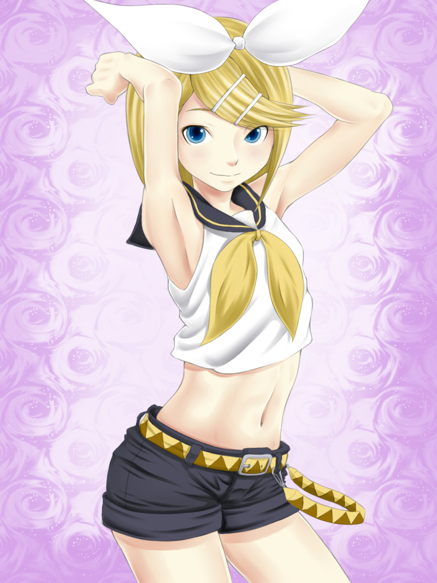 arms_up bangs belt blonde_hair blue_eyes bow crop_top flat_chest flower gradient gradient_background hair_bow hair_ornament hairclip highres kagamine_rin looking_at_viewer midriff navel necktie parted_bangs pose rose school_uniform sei15 serafuku short_shorts shorts sleeveless sleeveless_shirt smile solo standing swept_bangs vocaloid