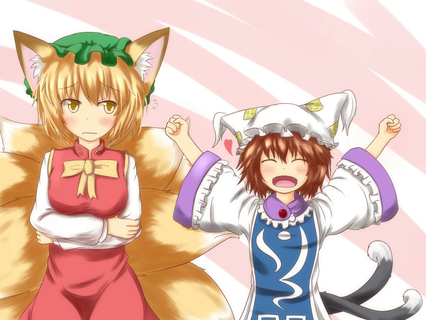 2girls ^_^ animal_ears arms_up blonde_hair brown_hair cat_tail chen chen_(cosplay) clenched_hands closed_eyes cosplay costume_switch crossed_arms fox_ears fox_tail highres korai looking_at_viewer multiple_girls multiple_tails open_mouth short_hair smile tail touhou yakumo_ran yakumo_ran_(cosplay) yellow_eyes