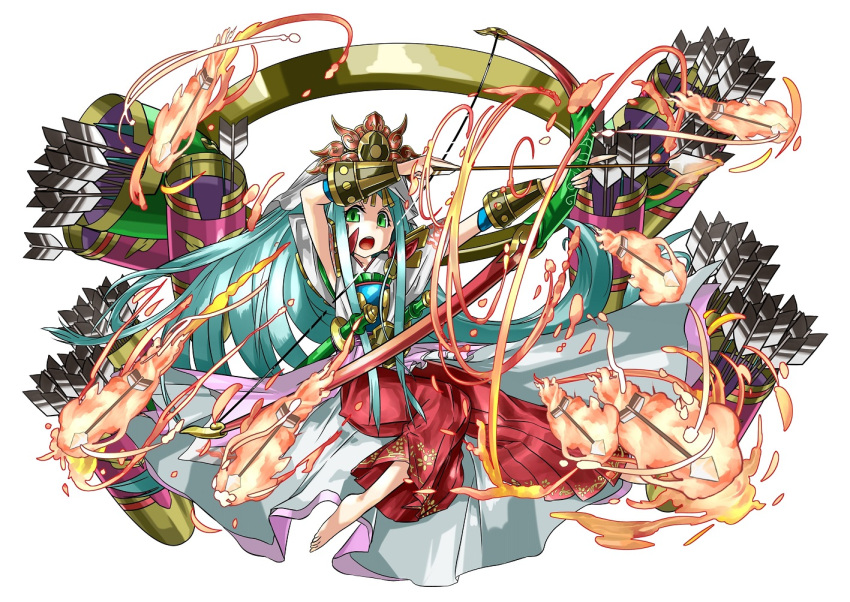 &gt;:o 1girl :o amaterasu_(p&amp;d) arrow barefoot blue_hair bow_(weapon) fire green_eyes hakama_pants japanese_clothes kei_(keiclear) long_hair open_mouth puzzle_&amp;_dragons quiver simple_background solo very_long_hair weapon white_background