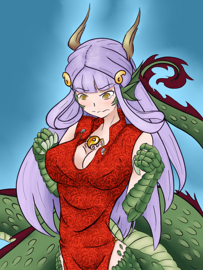 1girl blush breasts bursting_breasts buttons china_dress chinese_clothes claws cleavage dragon dragon_ears dragon_girl eastern_dragon female head_fins highres horns lamia large_breasts long_hair monster_girl monster_girl_encyclopedia popped_button purple_hair ryuu_(monster_girl_encyclopedia) scales solo tail wardrobe_malfunction yellow_eyes