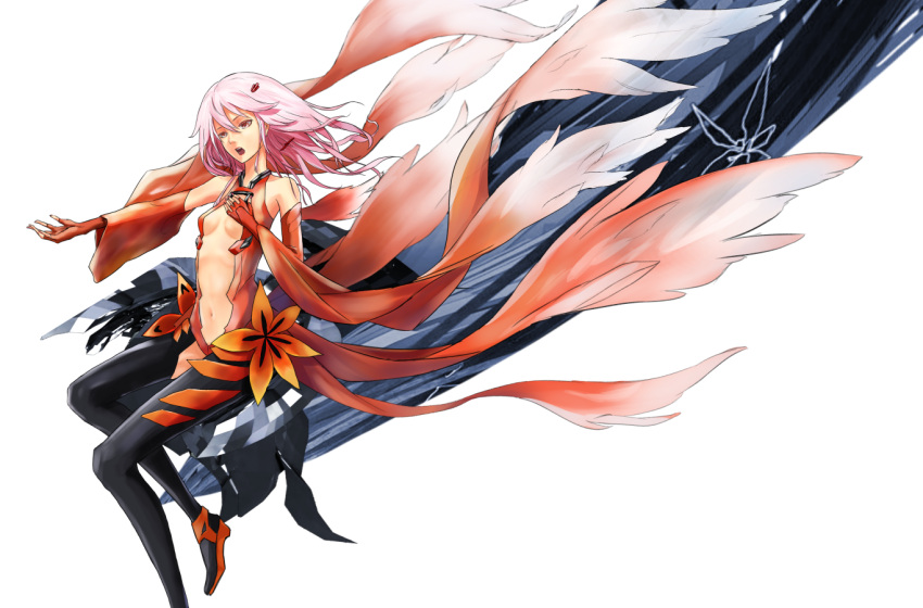 1girl bare_shoulders black_legwear breasts center_opening cleavage detached_sleeves elbow_gloves fingerless_gloves gloves guilty_crown hair_ornament hairclip hand_on_own_chest long_hair navel open_mouth pink_hair red_eyes solo tanikku thigh-highs twintails yuzuriha_inori