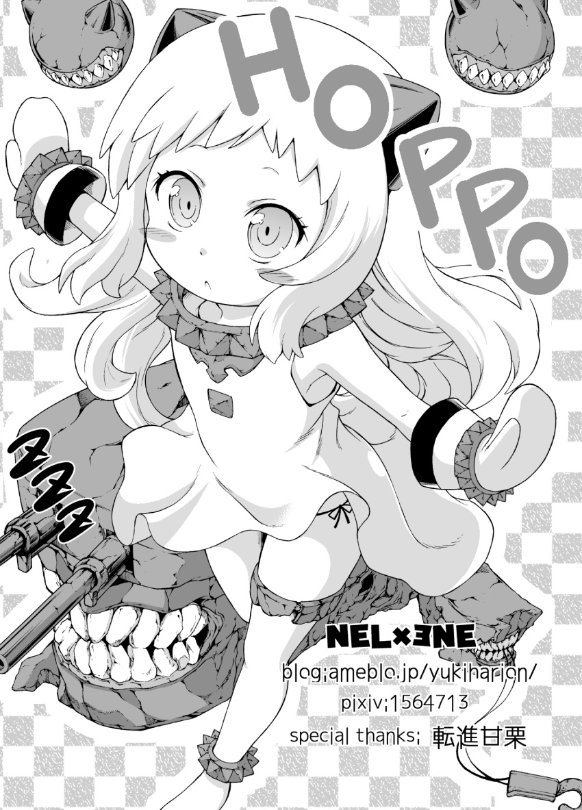 1girl ahoge blush_stickers comic dress highres horns kantai_collection long_hair looking_at_viewer mittens monochrome northern_ocean_hime outstretched_arms shinkaisei-kan solo spread_arms translation_request yukiharu