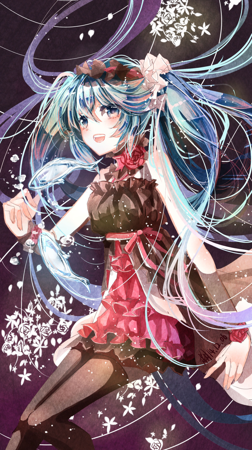 1girl 2014 absurdres dated dress fish flower hatsune_miku highres long_hair open_mouth solo thigh-highs very_long_hair vioro vocaloid