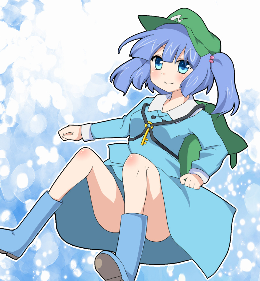 1girl backpack bag blouse blue_eyes blue_hair blush boots cabbie_hat convenient_leg hair_bobbles hair_ornament hat highres kawashiro_nitori key kuyuri_y looking_at_viewer rubber_boots skirt skirt_set smile solo touhou two_side_up