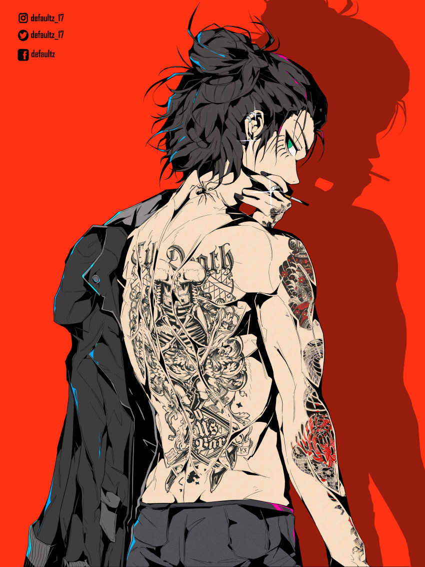 1boy absurdres back back_tattoo black_hair defaultz eren_yeager green_eyes highres looking_at_viewer looking_back red_background shingeki_no_kyojin simple_background tattoo topknot