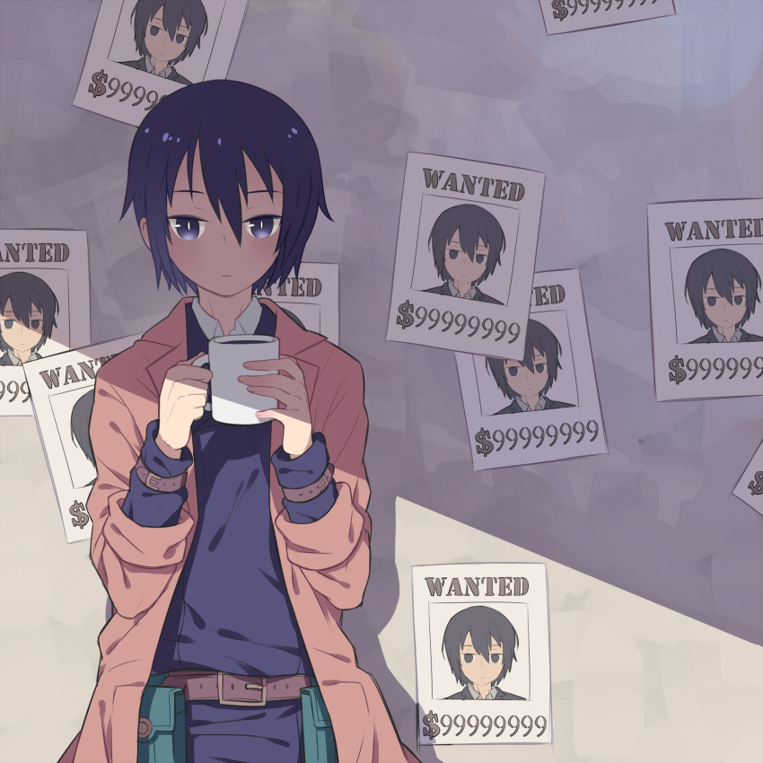 1girl androgynous belt belt_pouch black_hair coat coffee cup drink drinking expressionless highres kino kino_no_tabi luo. mug poster_(object) reverse_trap shadow short_hair solo violet_eyes wall wanted