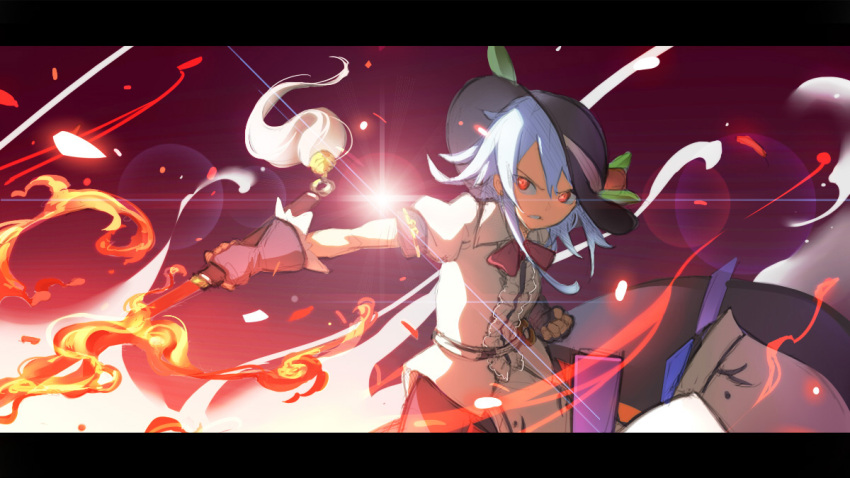 1girl blue_hair bobomaster clenched_teeth fingerless_gloves fire food fruit gloves hat hinanawi_tenshi long_hair peach red_eyes solo sword sword_of_hisou touhou weapon