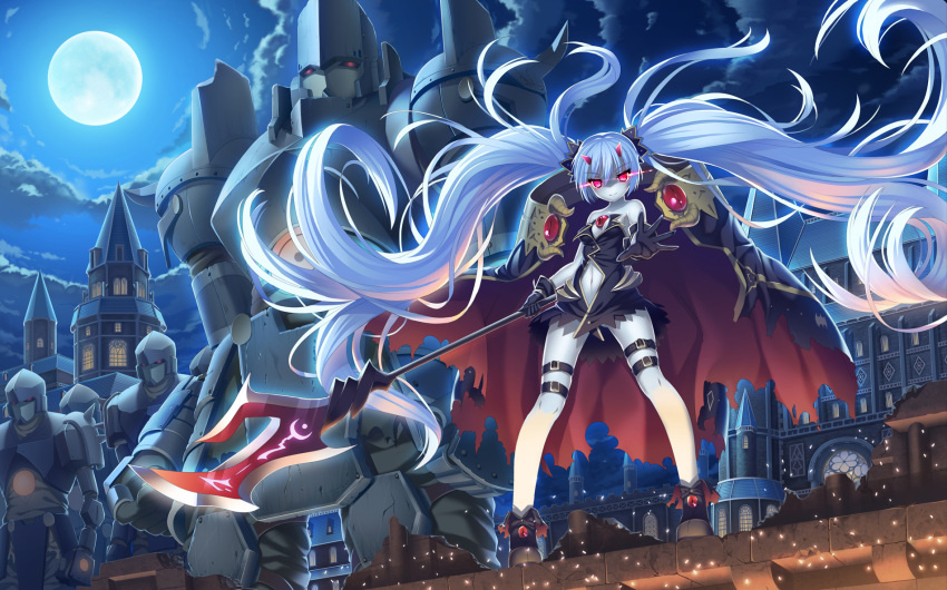 &gt;:) 1girl black_gloves cape full_moon gloves highres holding horns long_hair looking_at_viewer mecha moon navel night night_sky original polearm red_eyes shoes sky smile solo spear tonchan twintails very_long_hair weapon white_hair wind