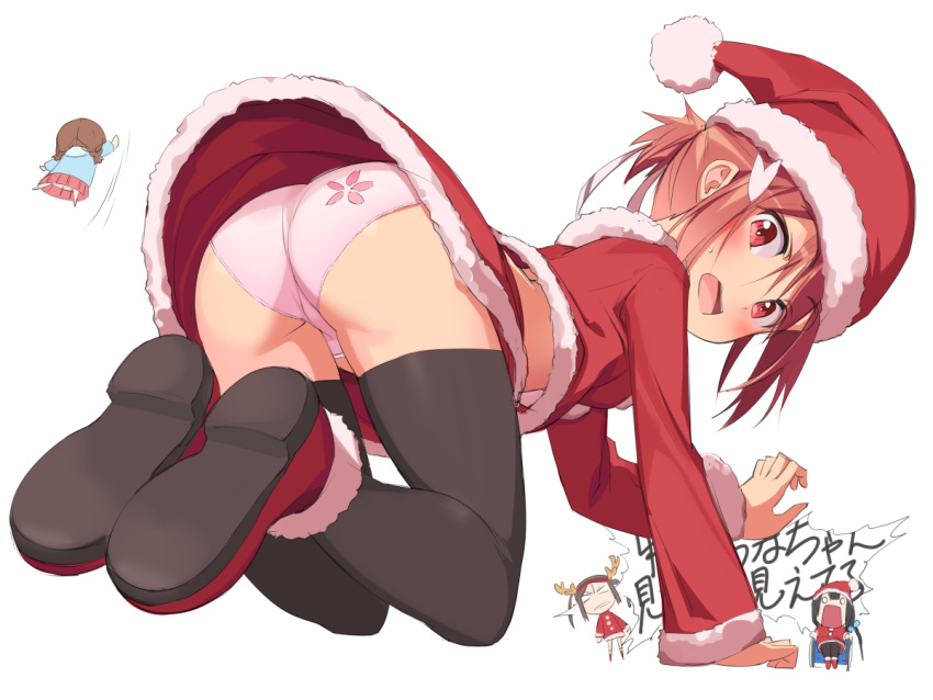 4girls ass black_legwear blush chibi christmas from_behind hat kindergarten_uniform looking_at_viewer looking_back michairu miyoshi_karin multiple_girls o_o panties pink_panties red_eyes redhead santa_costume santa_hat short_hair simple_background thigh-highs tougou_mimori underwear wheelchair white_background yuuki_yuuna yuuki_yuuna_wa_yuusha_de_aru